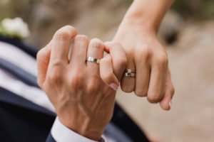 Hands of newly married couple holding each other