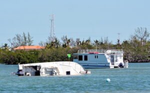 Bote volcado en el agua después de un accidente
