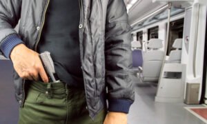 Hombre enojado sosteniendo un arma en el tren