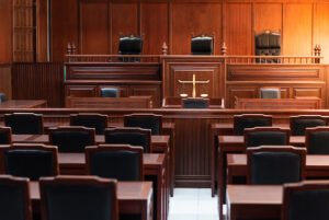 Empty appellate court room with wood paneling 