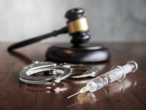 A judge's gavel, handcuffs, and a lethal injection needle