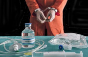 Inmate in orange jumpsuit and handcuffs in front of table with lethal injection needle