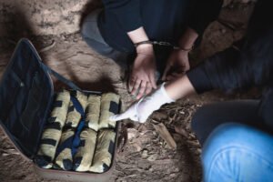 Policía mirando una gran cantidad de drogas con el acusado con esposas