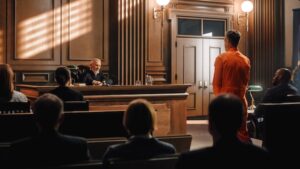 Acusado en traje naranja ante el juez durante la audiencia preliminar