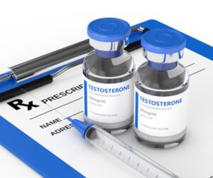 Testosterona con jeringa y RX pad