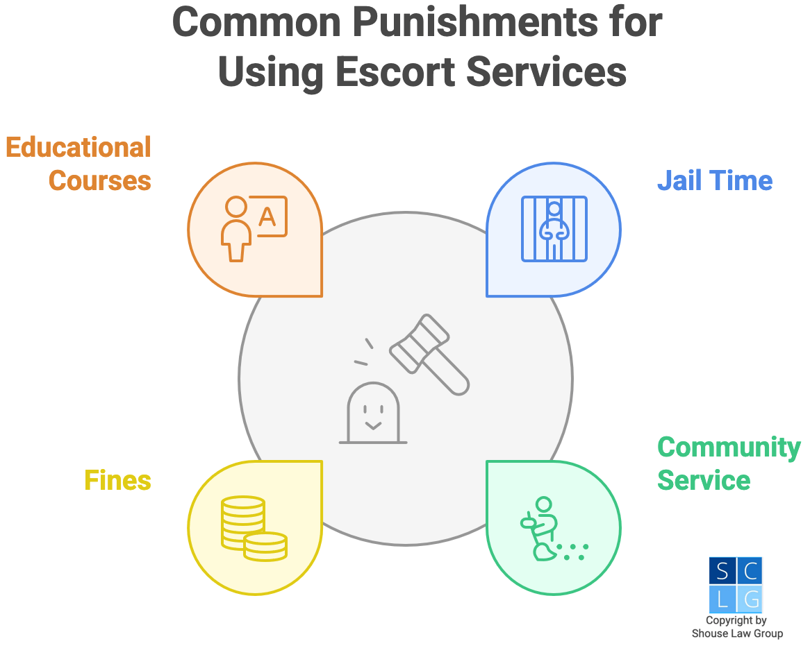 Graphic that shows common punishments for using escort services, such as jail, community service, fines, and online courses