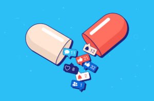 Cartoon of pill capsule holding social media likes