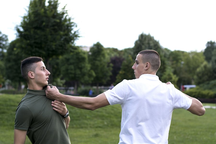 Two young men in a fist fight on a green field with trees in the background