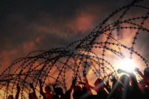 Silhouette of people trying to break down barbed wire of prison walls