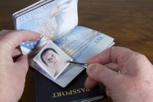 Closeup of hands pasting a headshot into a passport book in the act of making a fake ID