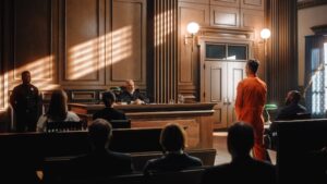 Acusado en traje de preso naranja en la corte esperando sentencia