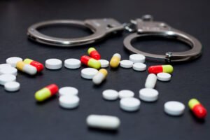 handcuffs next to prescription pills and tablets