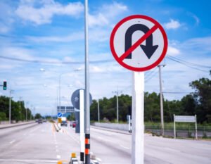 Señal de no dar vuelta en U en una calle de la ciudad
