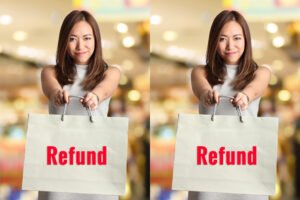 " REFUND " text on bag hold by smiling woman with blur shopping mall background, there are two of the exact same woman holding the same refund bag
