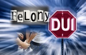 A speeding light blur effect sends beams of light toward the viewer, over the top of the light beams is a red stop sign emblazened with the letters DUI, next to that we see the word "Felony" spelled out in cut out letters like a ransom note, and below that we see a Caucasian woman being handcuffed by a Caucasian male police officer.