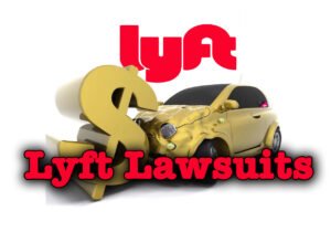 The red Lyft logo hovers above a crashed yellow car, the car has crashed into a giant gold dollar sign and the front hood of the car is crumbled with damage. Below this scene are the words "Lyft Lawsuits".