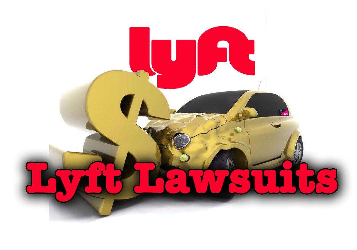The red Lyft logo hovers above a crashed yellow car, the car has crashed into a giant gold dollar sign and the front hood of the car is crumbled with damage. Below this scene are the words "Lyft Lawsuits".