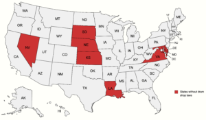Map of the United States. The eight states without dram shop laws are in red while the remaining 42 are in light gray.