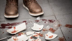 Closeup of a restaurant patron's shoes standing in front of a broken plate and wine glass on the floor