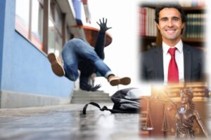 man slips and falls on sidewalk, attorney and scales of justice