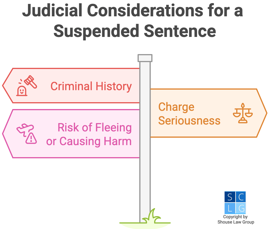 Graphic that shows factors judges consider when granting suspended sentences, including whether the person is a flight risk or risk to public safety