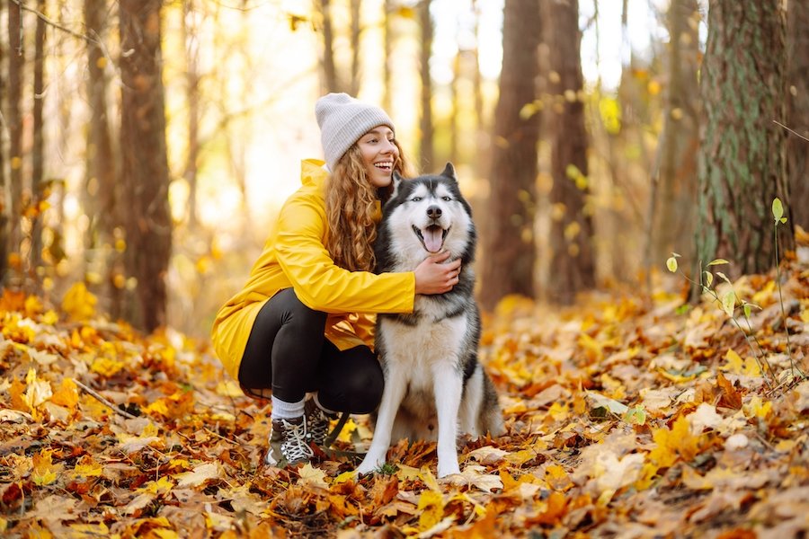 Woman hugging her dog on a walk in the woods with autumn leaves on the ground