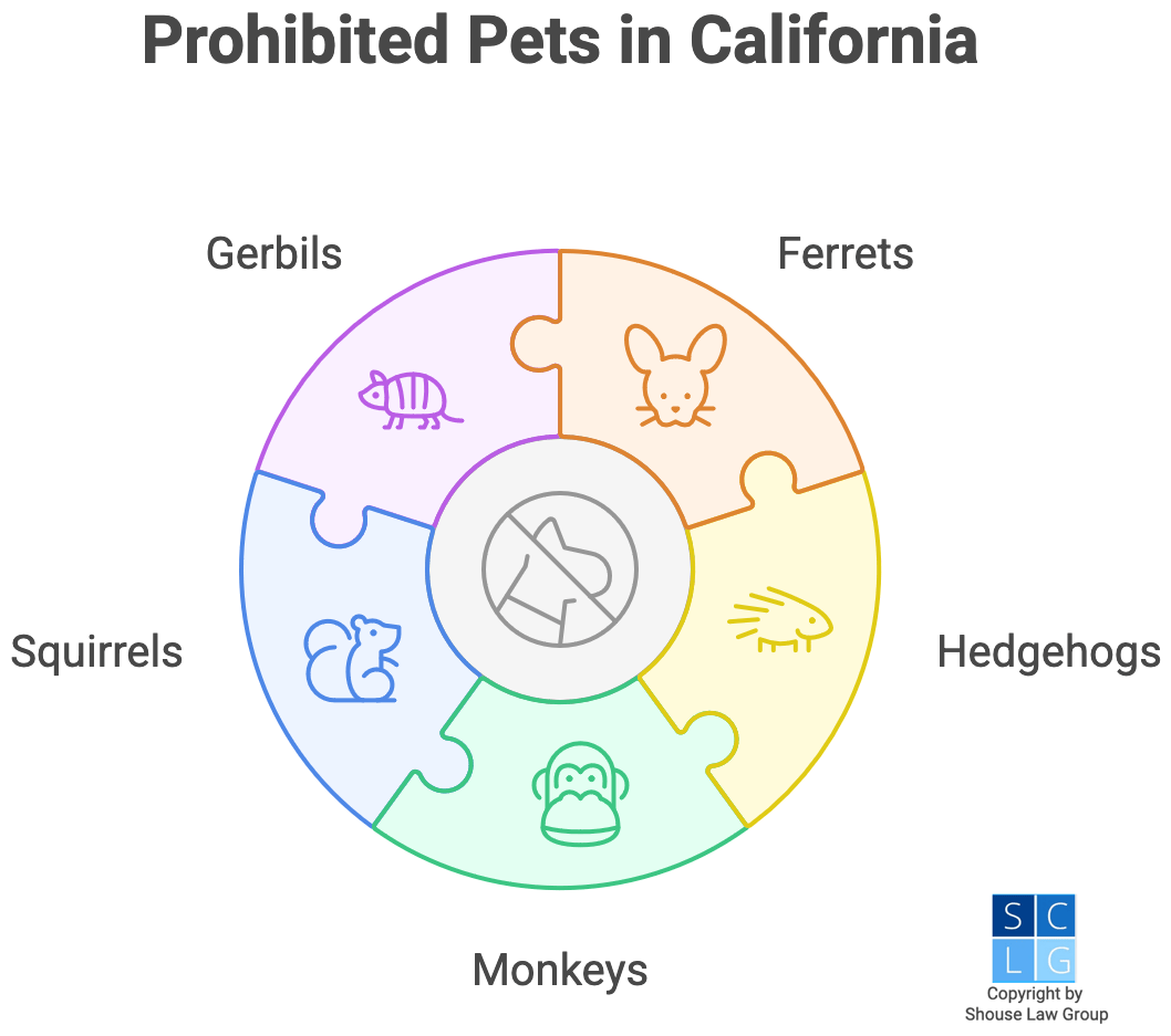 Graphic that shows animals illegal to own in california, including squirrels, gerbils, monkeys, hedgehogs, and ferrets. 