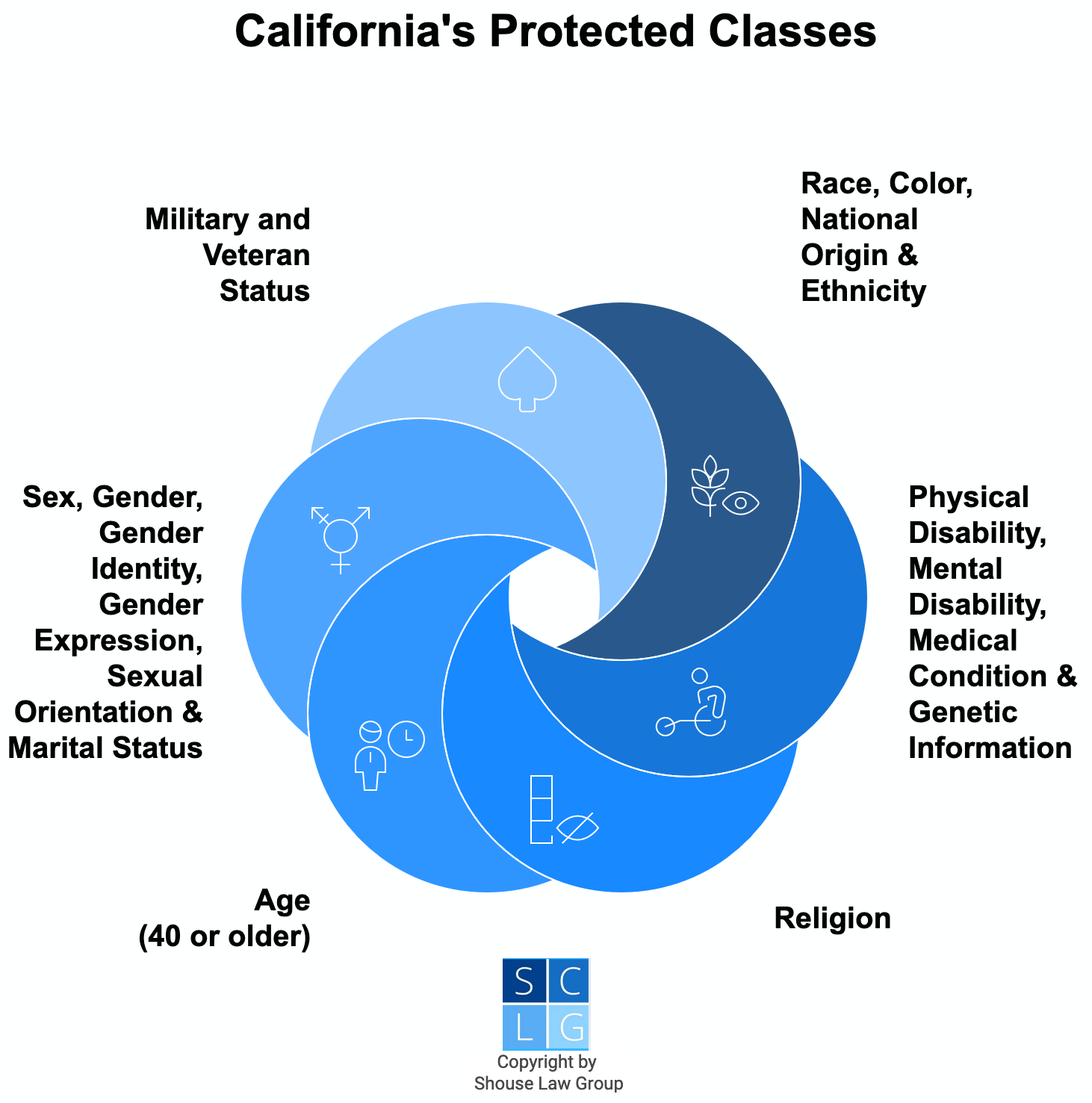 gráfico de las clases protegidas de California, como edad, sexo, raza y religión.