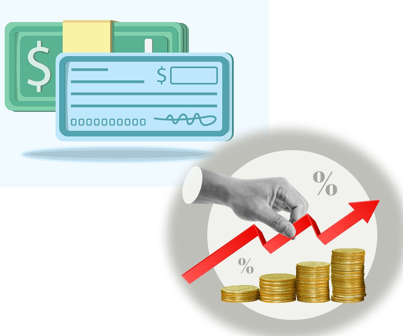 cartoon of a wad of cash, a checkbook, and four piles of coins ascending in height with the percentage sign on top of them, signifying interest