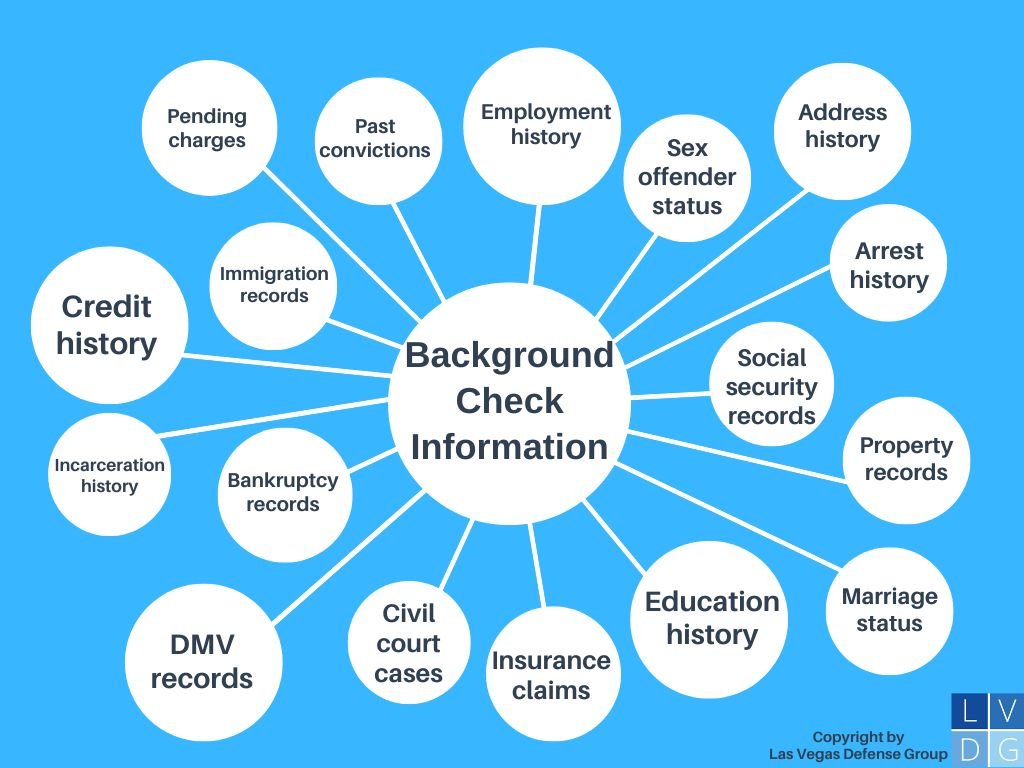 Gráfico de burbujas que ilustra los diversos tipos de información que aparecen en una verificación de antecedentes en Nevada.
