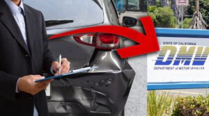 Side view of insurance officer writing on clipboard while insurance agent examining black car after accident, illustration of red arrow pointing from insurance adjuster to a California DMV sign.