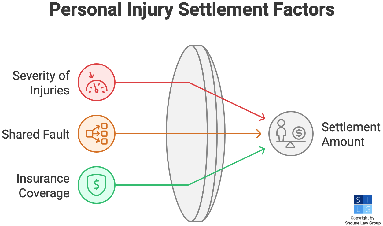 Graphic that illustrates the factors that determine personal injury settlements, such as your insurance and the severity of your injuries
