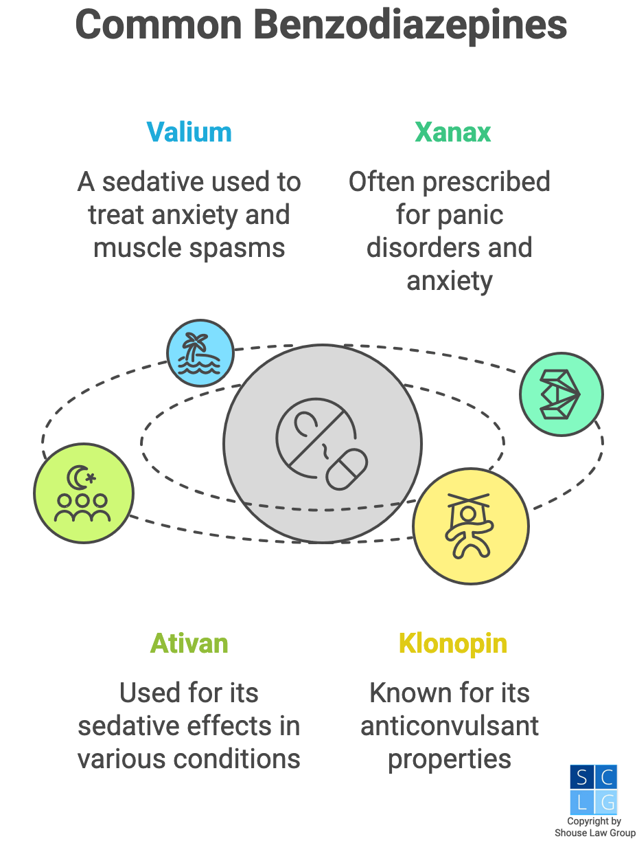 Gráfico que muestra los Benzodiazepinas comunes, como Xanax, Valium, Ativan y Klonopin