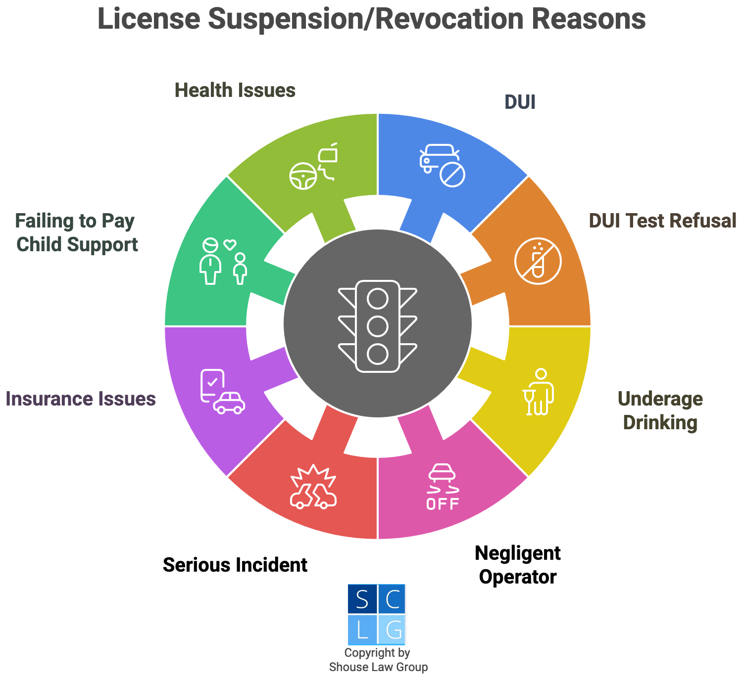 Gráfico que muestra algunas de las razones que desencadenan la suspensión de una licencia de conducir, como DUI o accidentes graves