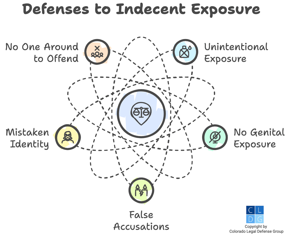 Graphic that shows common defenses to indecent exposure, such as there being no one around to offend
