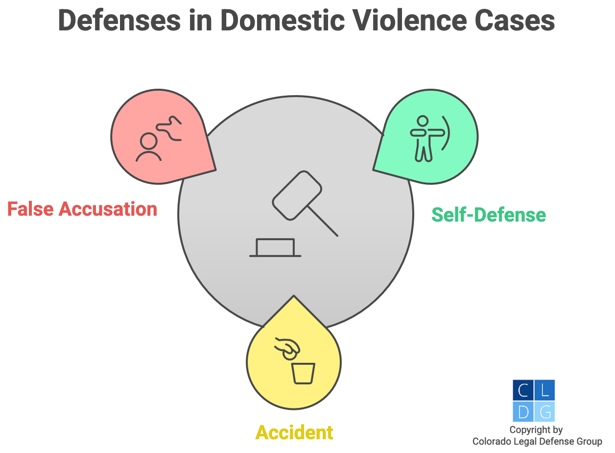 Gráfico que muestra defensas contra cargos por VD, incluyendo defensa propia, acusaciones falsas y accidente.