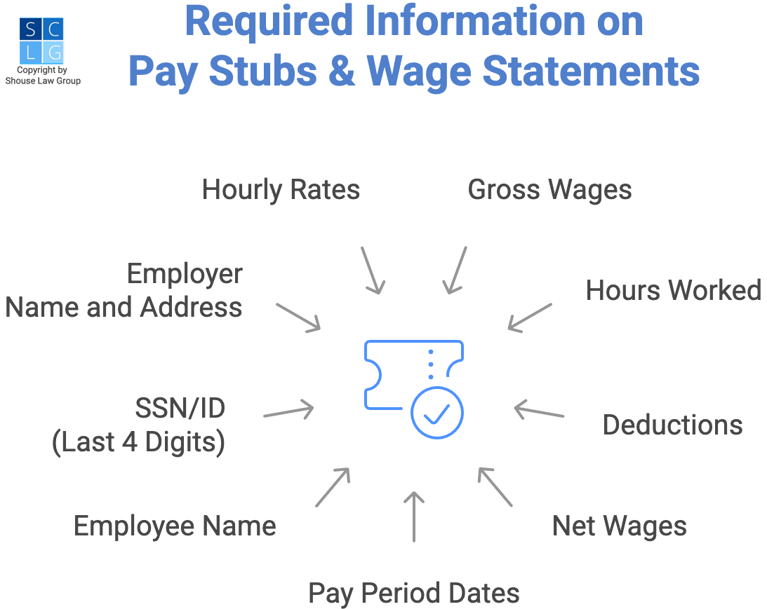 graphic that shows required components of California pay stubs or wage statements, such as net wages and gross earnings