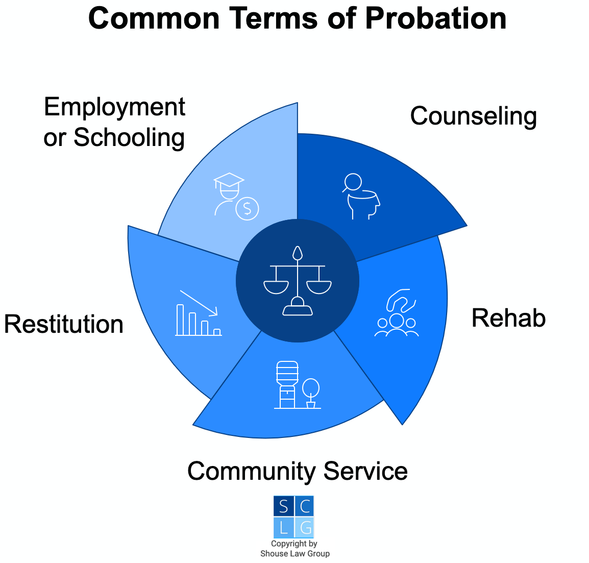 graphic that shows common terms of probation like restitution and community service 