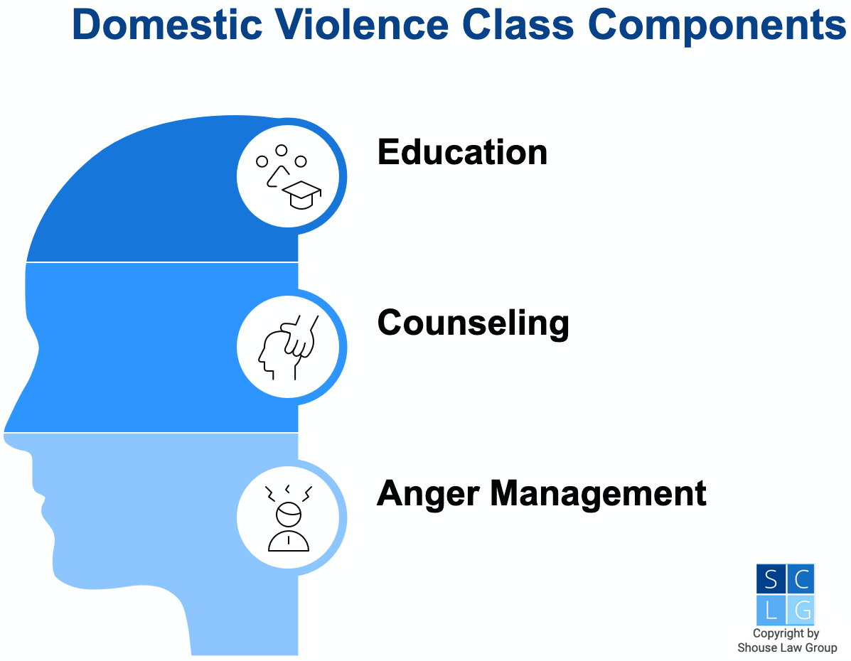 Gráfico que muestra los componentes de las clases de violencia doméstica en California, como asesoramiento y control de la ira