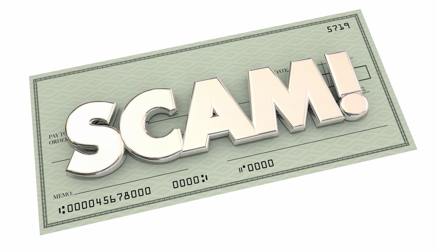 Image of a bank check with the word "SCAM!" over it against a white background
