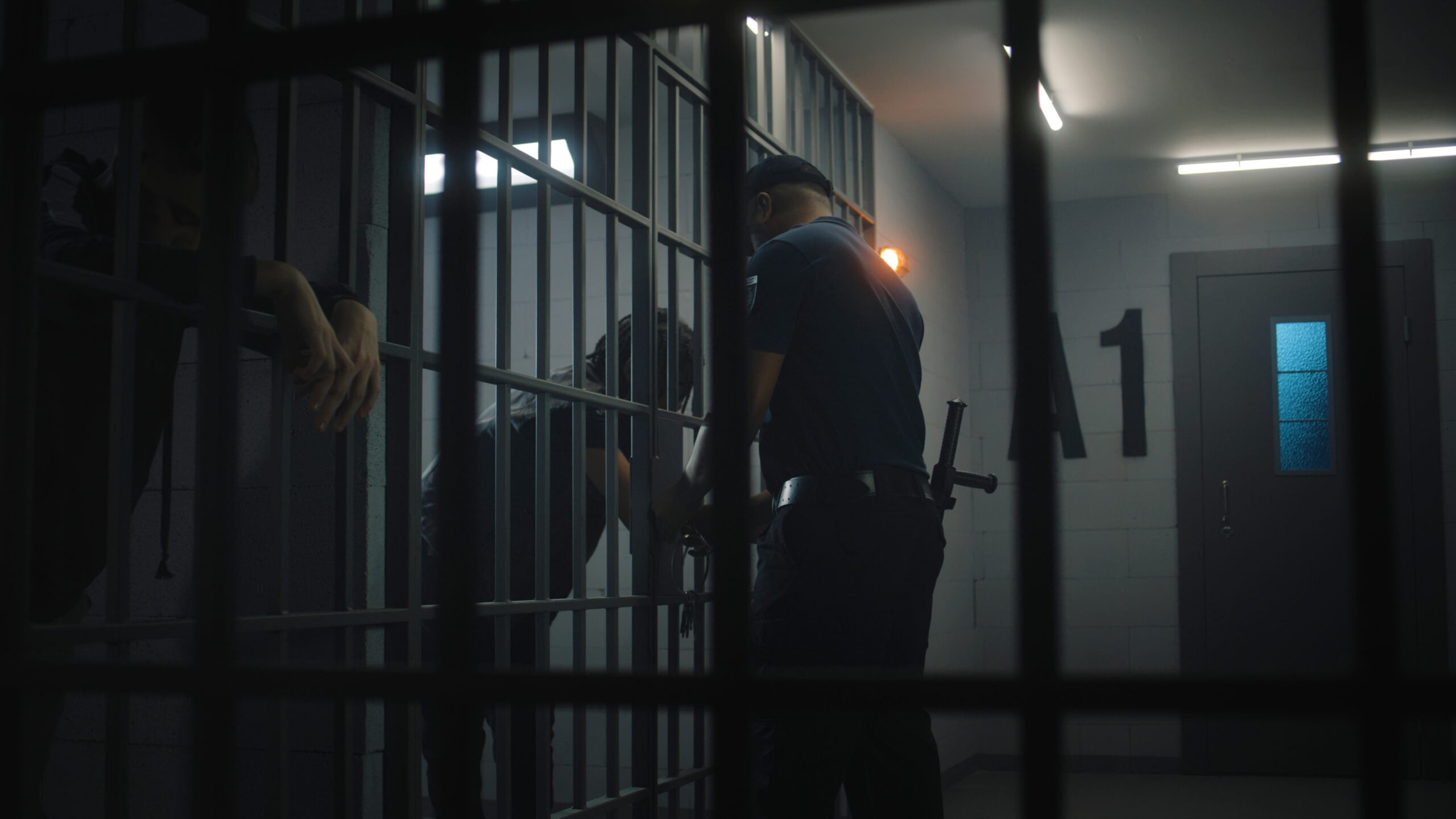 Warden speaking to an inmate behind bars in a jail