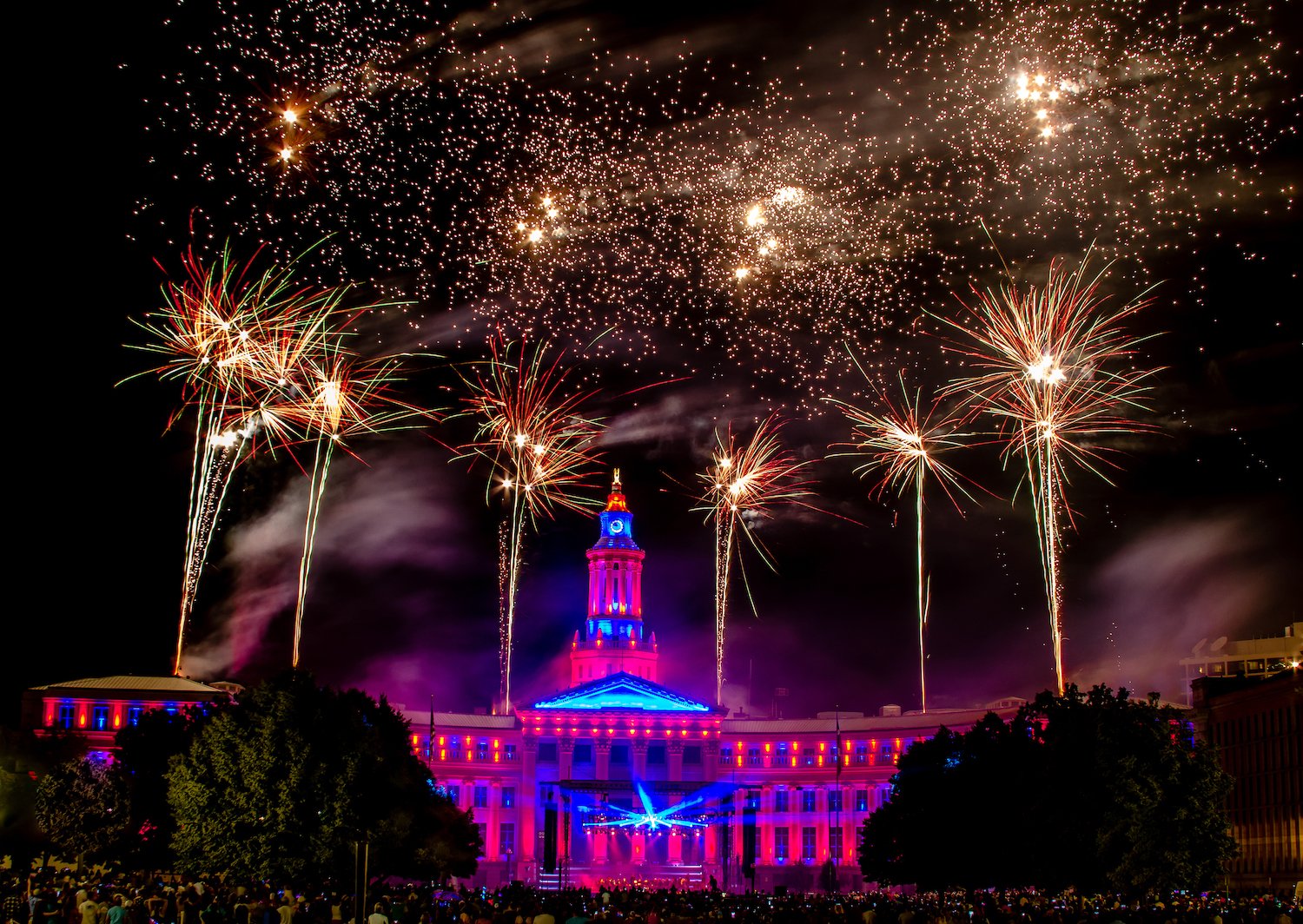 Fireworks display in Denver above civic center park. 