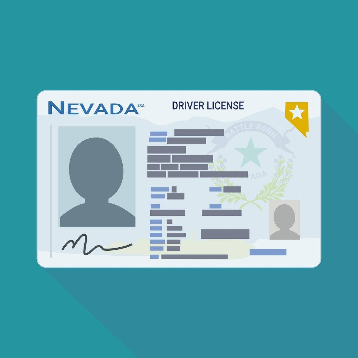 Ilustración de una licencia de conducir de Nevada sobre un fondo verde azulado