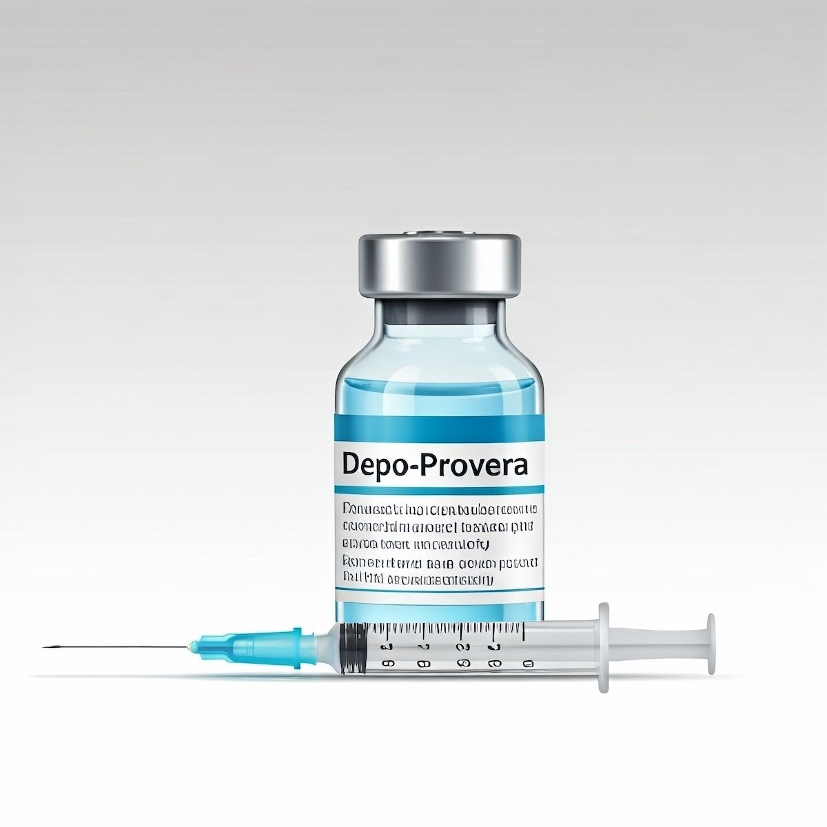 Depo Provera vial with a syringe on a white surface table
