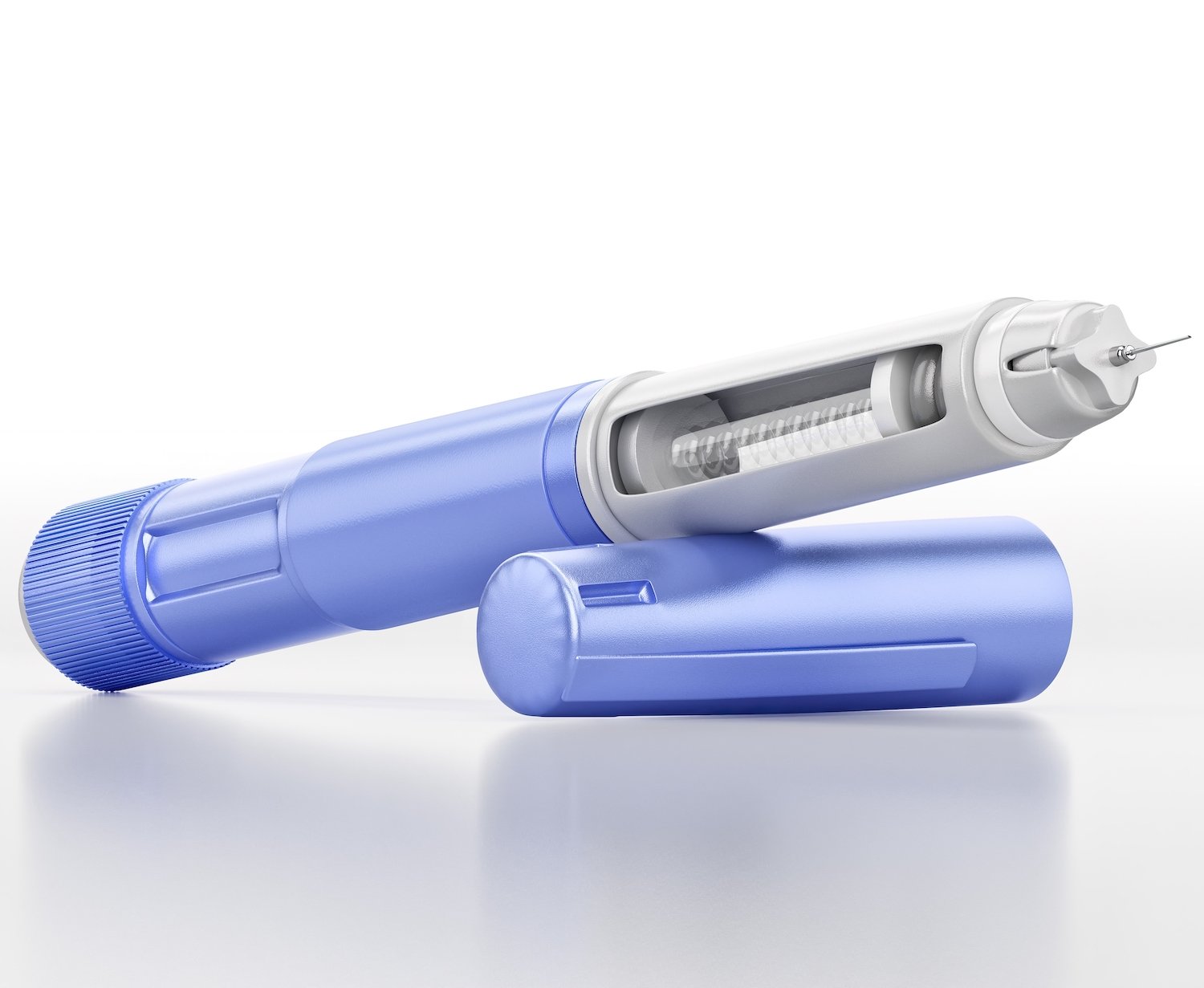 Closeup of purple Ozempic needle against a white background