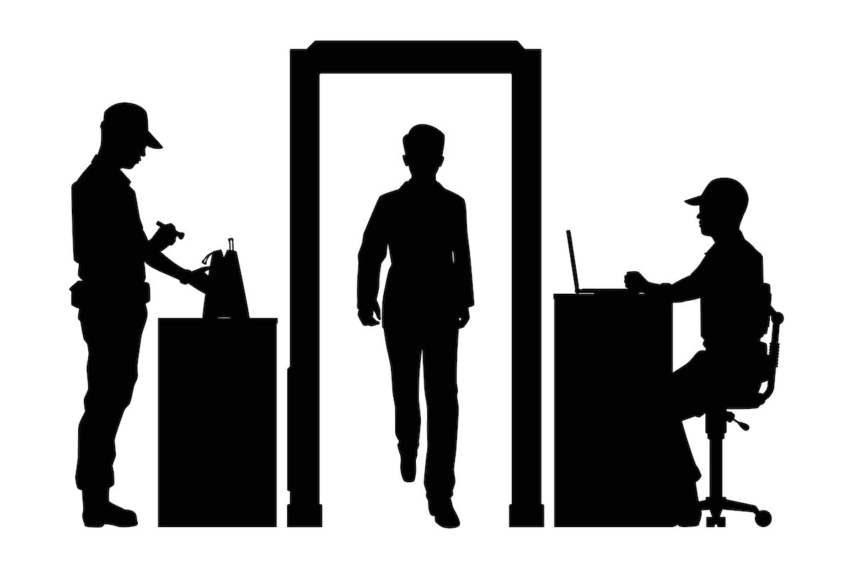 A security checkpoint with a metal detector