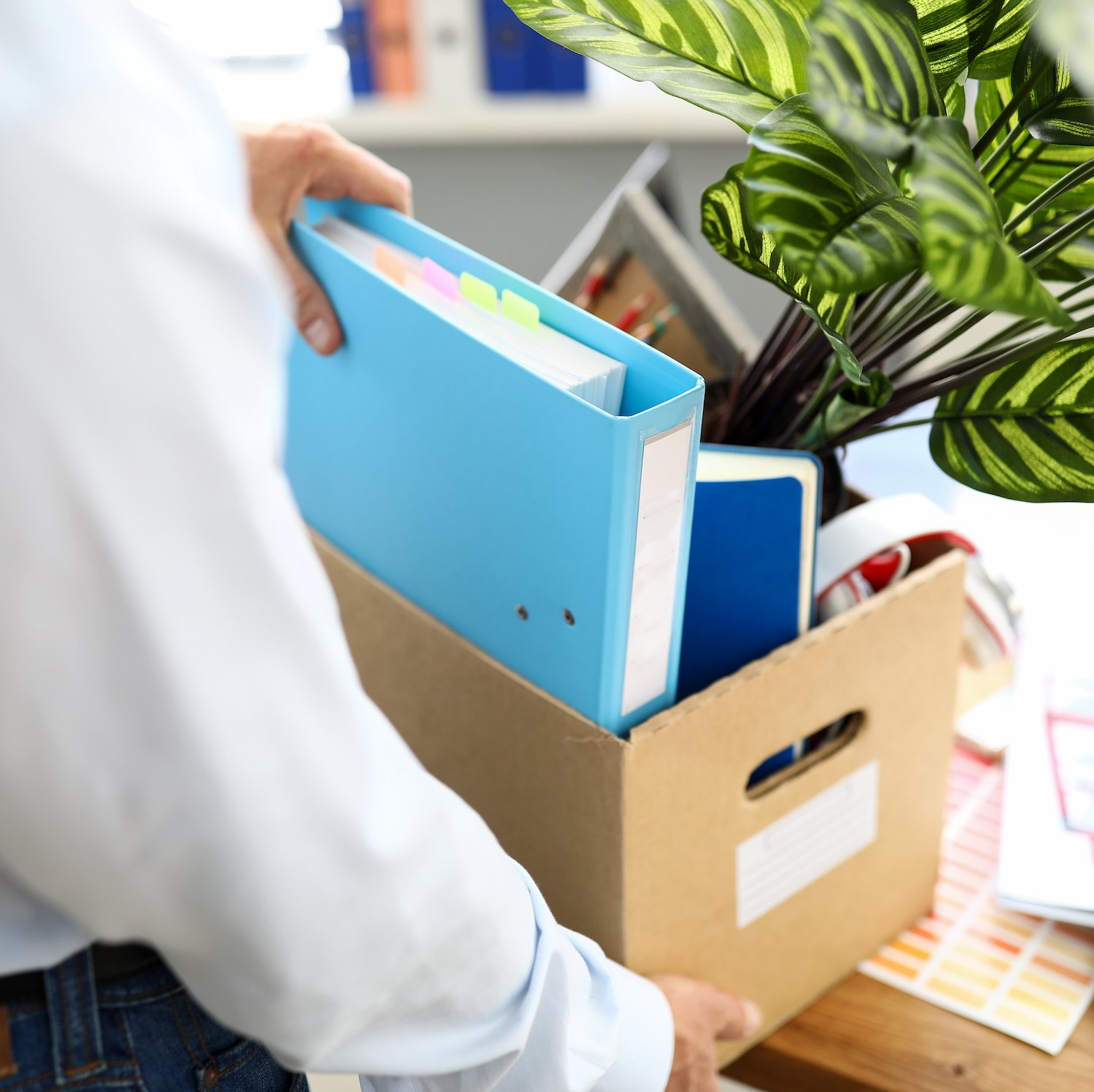 Recently fired worker packing a box of his personal items and a plant in his office