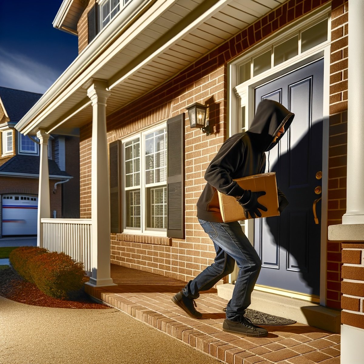 Hooded porch pirate taking a package off a front stoop at night