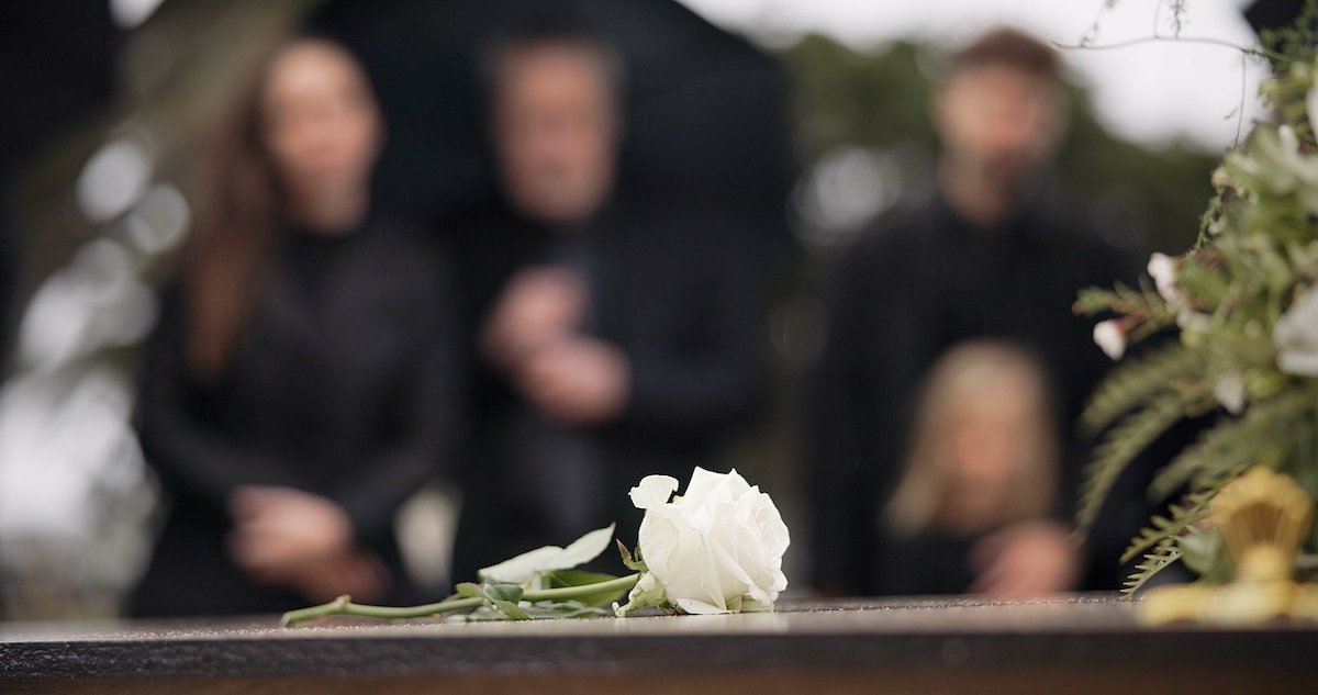 White rose lying on top of a coffin during a funeral