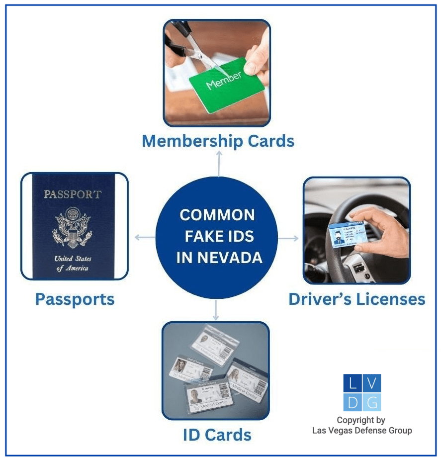Graphic that shows common types of fake IDs in Nevada including membership cards, work cards, driver's licenses and passports.